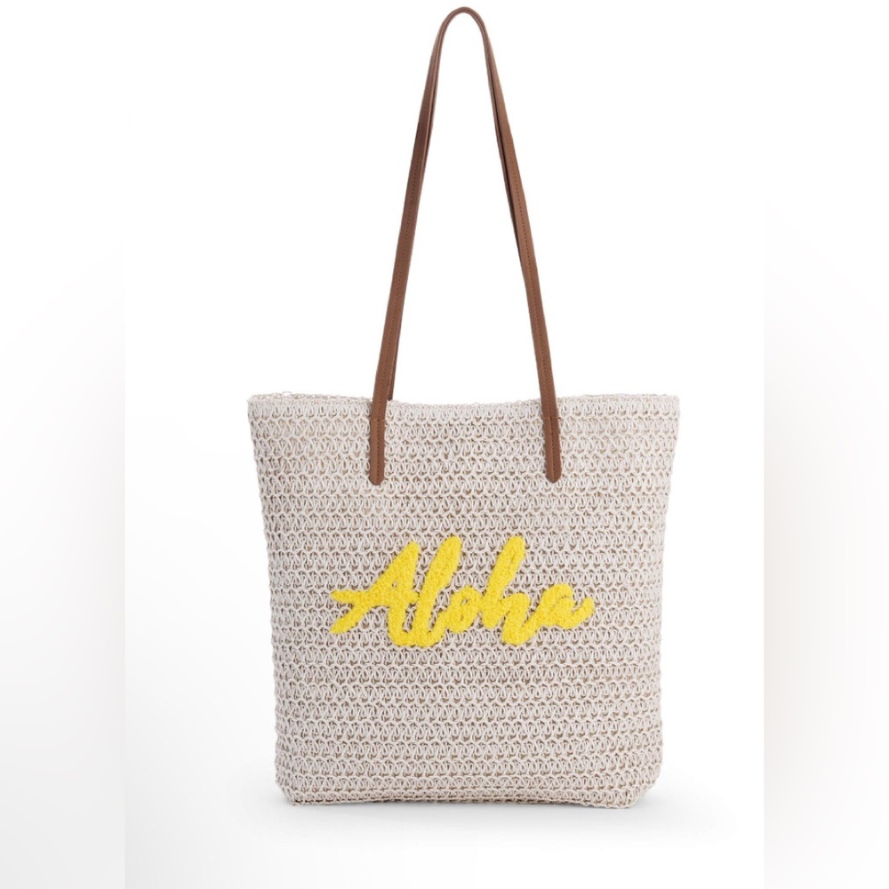 ALOHA Beach Tote Bag TIME And TRU Womens Woven Lined Tan Color 15" x 14" New